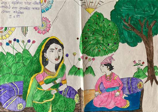 Painting by Sushila Chaudhari - Rajmata Jijau and Shivaba