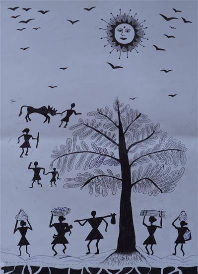 Painting by Ranjeet Idpache - Morning in tribes