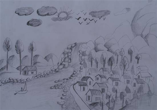 Painting by Jayashree Akhande - Homes near river