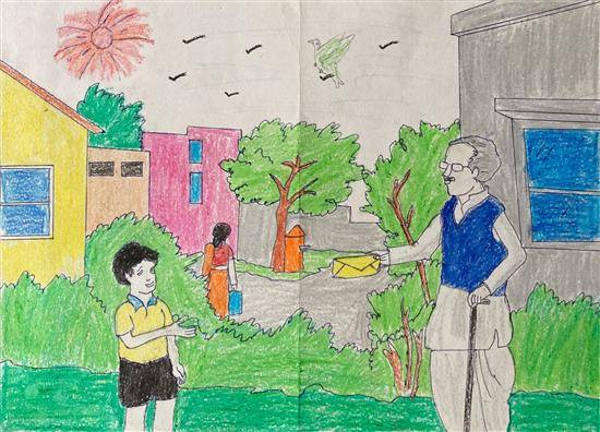 Painting by Ashish Parhad - Old man giving letter to boy