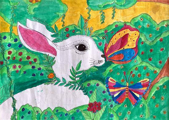 Painting by Darshana Tumbada - Rabbit and Butterfly