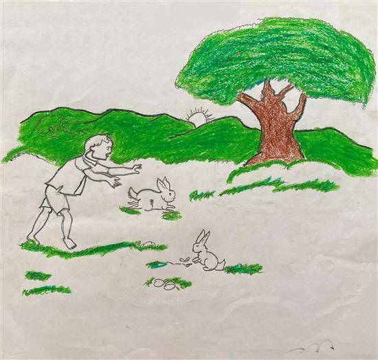 Painting by Harshal Dadmal - Boy catching Rabbits