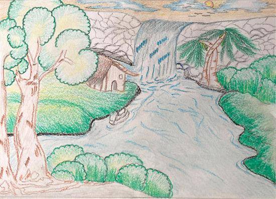 Painting by Radhika Gayakwad - Scenery at waterfall