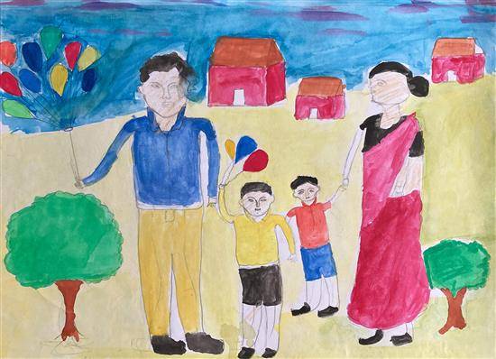 Painting by Vijaya Chaudhari - Family with balloons