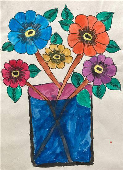 Painting by Sarika Lahare - Blue Flower Pot