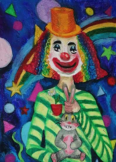 Painting by Adelina Petrova - Clown with a rabbit