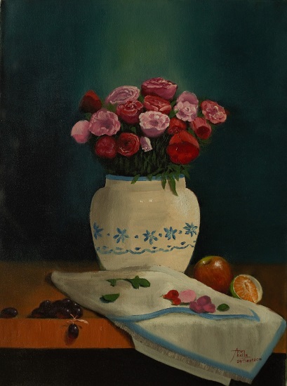 Paintings by Arun Akella - Still Life with Roses and Fruit