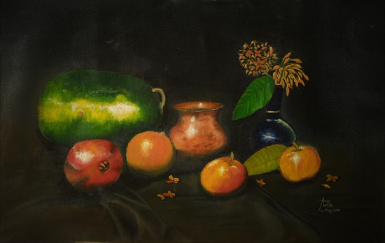 Painting by Arun Akella - Still Life with Fruits and Flowers
