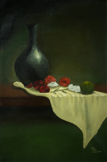 Painting by Arun Akella - Still Life with Vase and Flowers