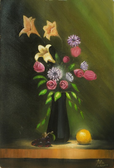 Painting by Arun Akella - Still Life with Orange and Flowers