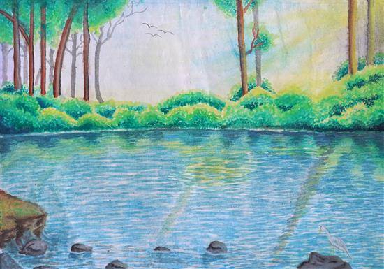 Painting by Aditya Mhaske - Landscape of river scenery