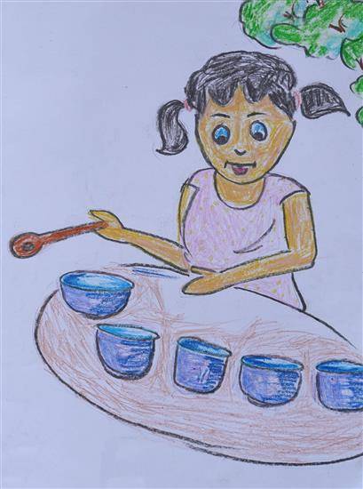 Painting by Manju Holi - Girl having food
