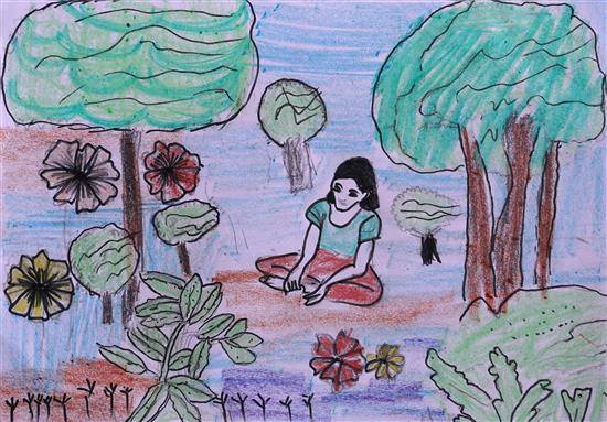 Painting by Neharika Mayyami - Girl sitting in garden
