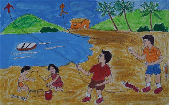 Painting by Yashoda Bhale - Children playing Kite