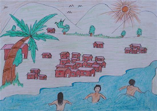 Painting by Pushkar Bhoye - Children swimming in river