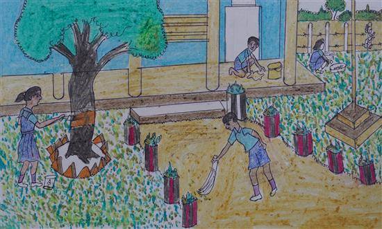 Painting by Phulabai Savant - Cleaning of school