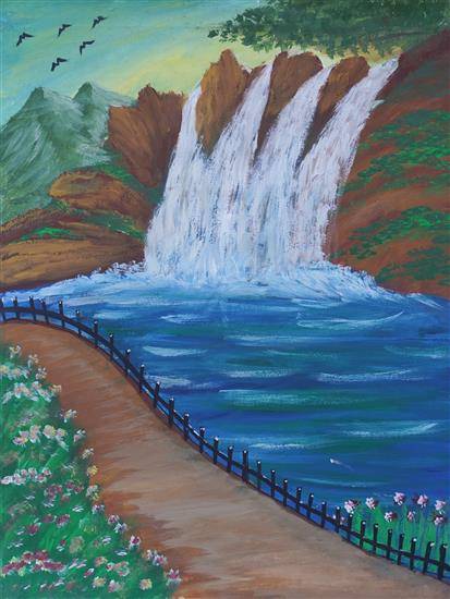 Painting by Anjana Khadam - Waterfall's landscape