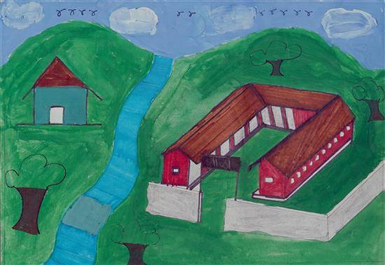 Painting by Rohit Ambekar - School near river bank