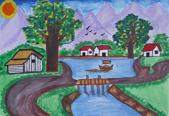 Painting by Raj Kasdekar - A riverside settlement