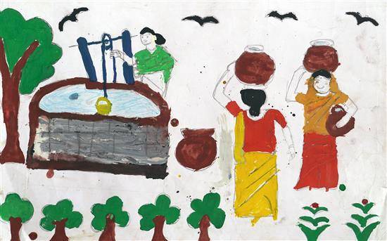 Painting by Punam Bhusum - Women fetching water