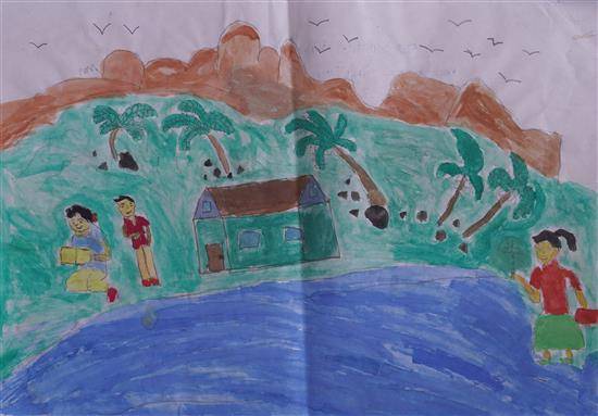 Painting by Mahesh Uike - Children sitting at riverside