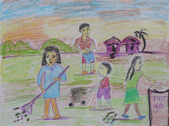 Painting by Mamata Bhaisata - Children cleaning ground