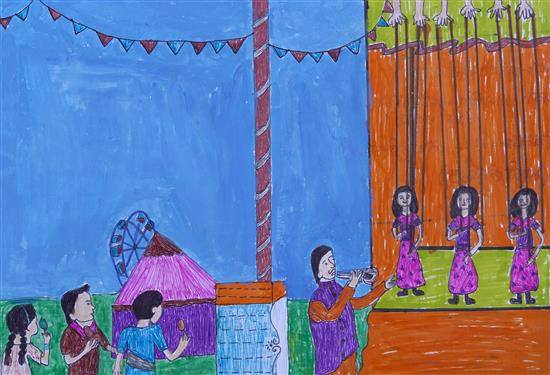 Painting by Ankita Khadake - Children enjoying puppet show