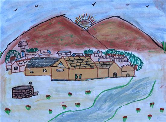 Painting by Mamata Uike - Homes near mountain