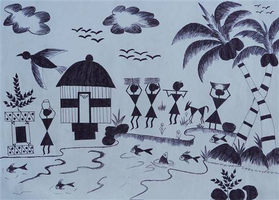 Painting by Jagdish Pingala - Dwelling of tribal people