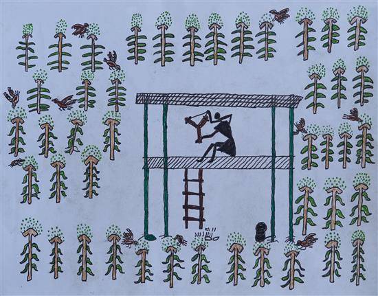 Painting by Krishna Meshram - A scaffold in Jowar farm