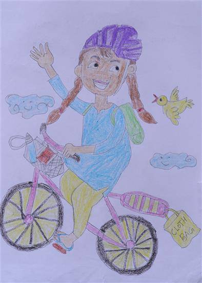 Painting by Rakesh Kirange - A Bicycle rider girl