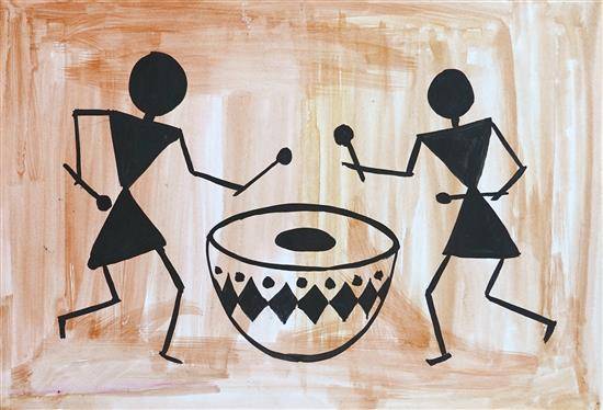 Painting by Sushama Sasane - Drum players playing drum