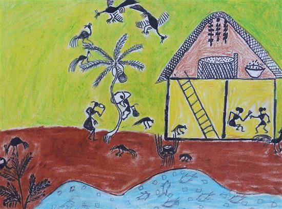 Painting by Emin Bhoyar - Tribal home area