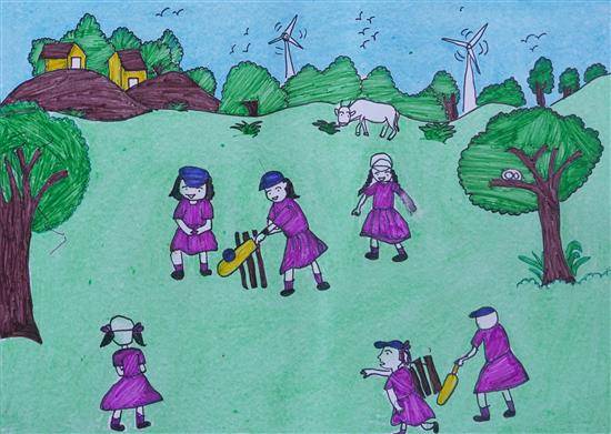 Painting by Saraswati Dhikar - Little Cricket players