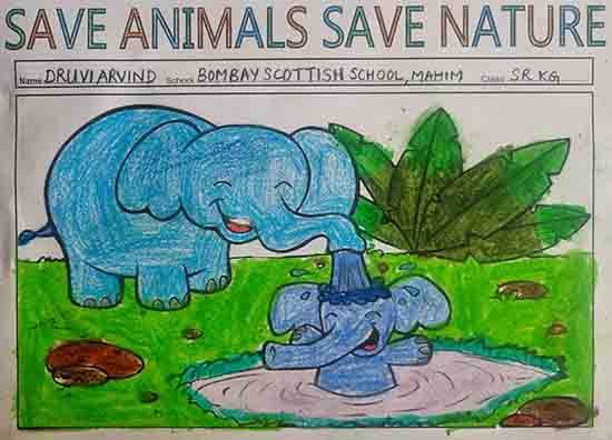 Painting by Druvi Arvind - A baby elephant near a watering hole