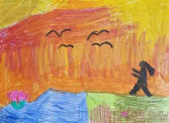 Painting by Druvi Arvind - The happy girl in a sunset sky