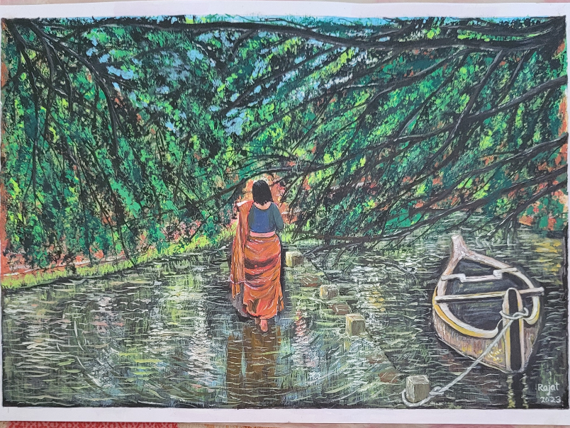 Painting by Rajat Kumar Das - Woman in woods
