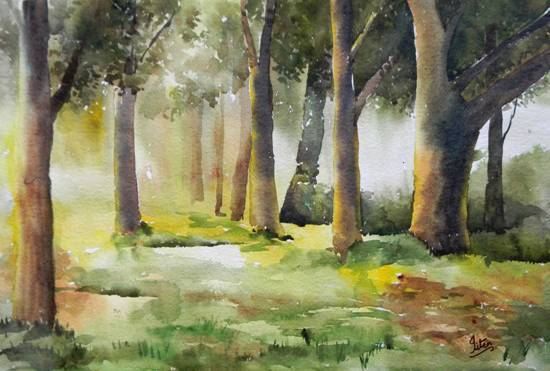 Painting by Jitendra Sule - Morning in wood