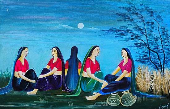Painting by Avnesh Singh - Title Village women