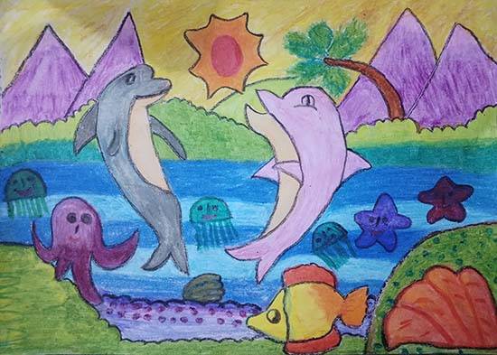 Painting by Moragala Theekshana - Dolphin Family