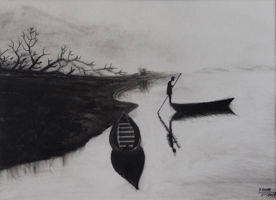 Painting by Dr Kanak Sharma - Boats by shore