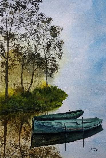 Paintings by Dr Kanak Sharma - Docked in the shadow of trees
