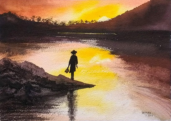 Paintings by Dr Kanak Sharma - Girl on River Bank