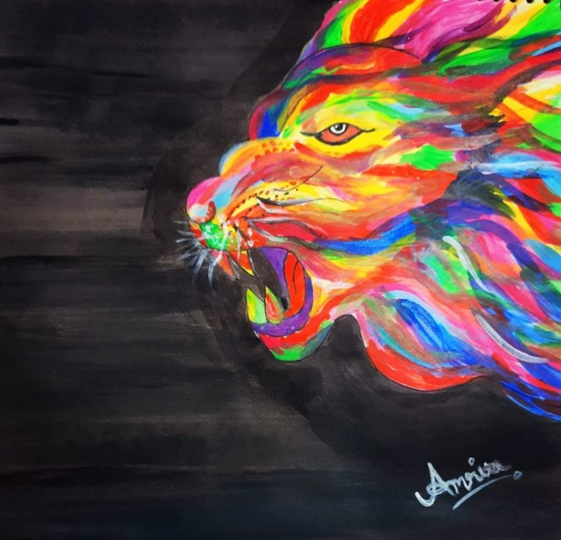 Paintings by Amrita Kaur - Colorful Lion Painting