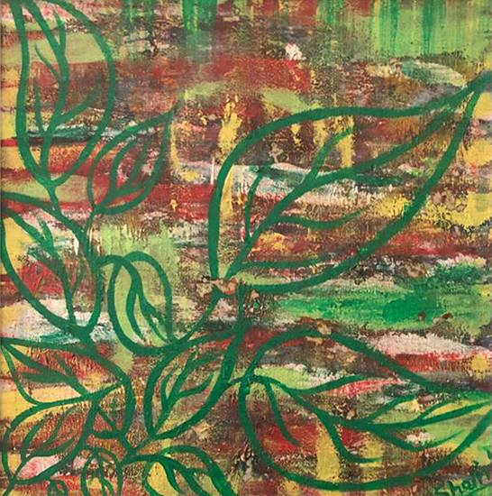 Paintings by Shalini Goyal - Green abstract with leaf pattern