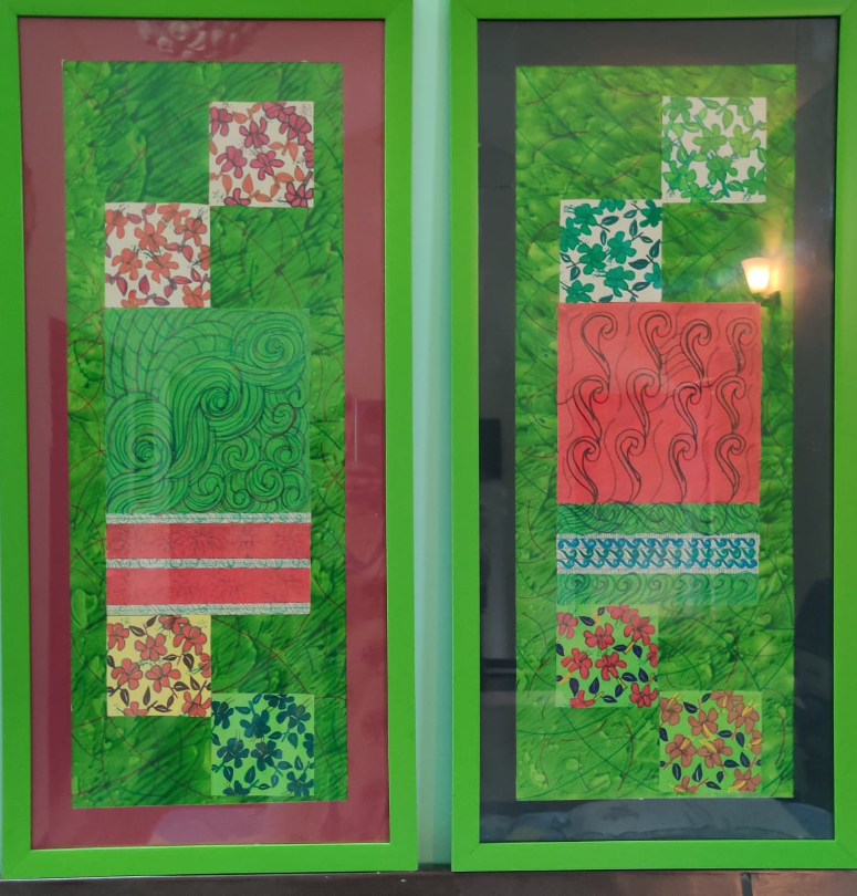 Paintings by Shalini Goyal - Panels on  green  handmade paper in Mix media