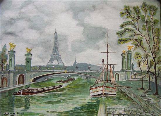 Painting by Subhash Bhate - Seine River against Tower
