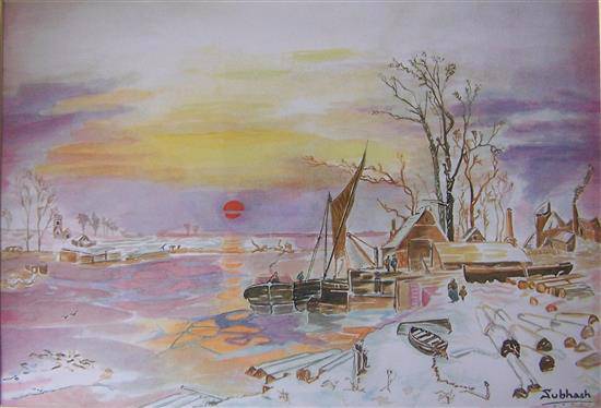 Painting by Subhash Bhate - Barges on Frozen river