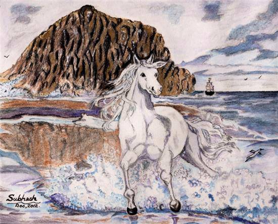 Painting by Subhash Bhate - Running horse on beach