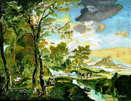 Painting by Subhash Bhate - Bridge on brook